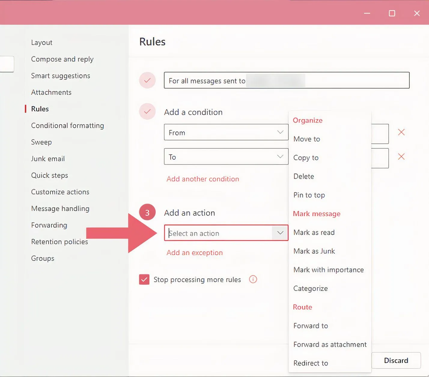 Menu thả xuống lựa chọn hành động cho Rules trong Outlook mới, bao gồm di chuyển thư đến thư mục.
