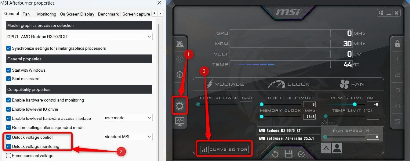 Menu tùy chọn MSI Afterburner
