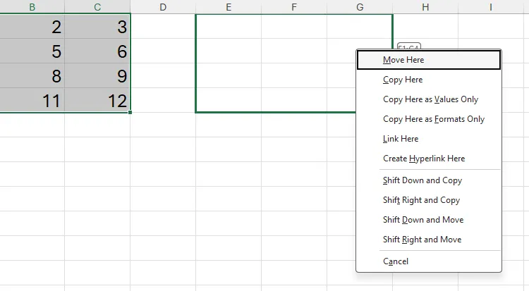 Menu tùy chọn xuất hiện sau khi kéo thả dữ liệu bằng chuột phải trong Excel, bao gồm các lựa chọn sao chép và liên kết