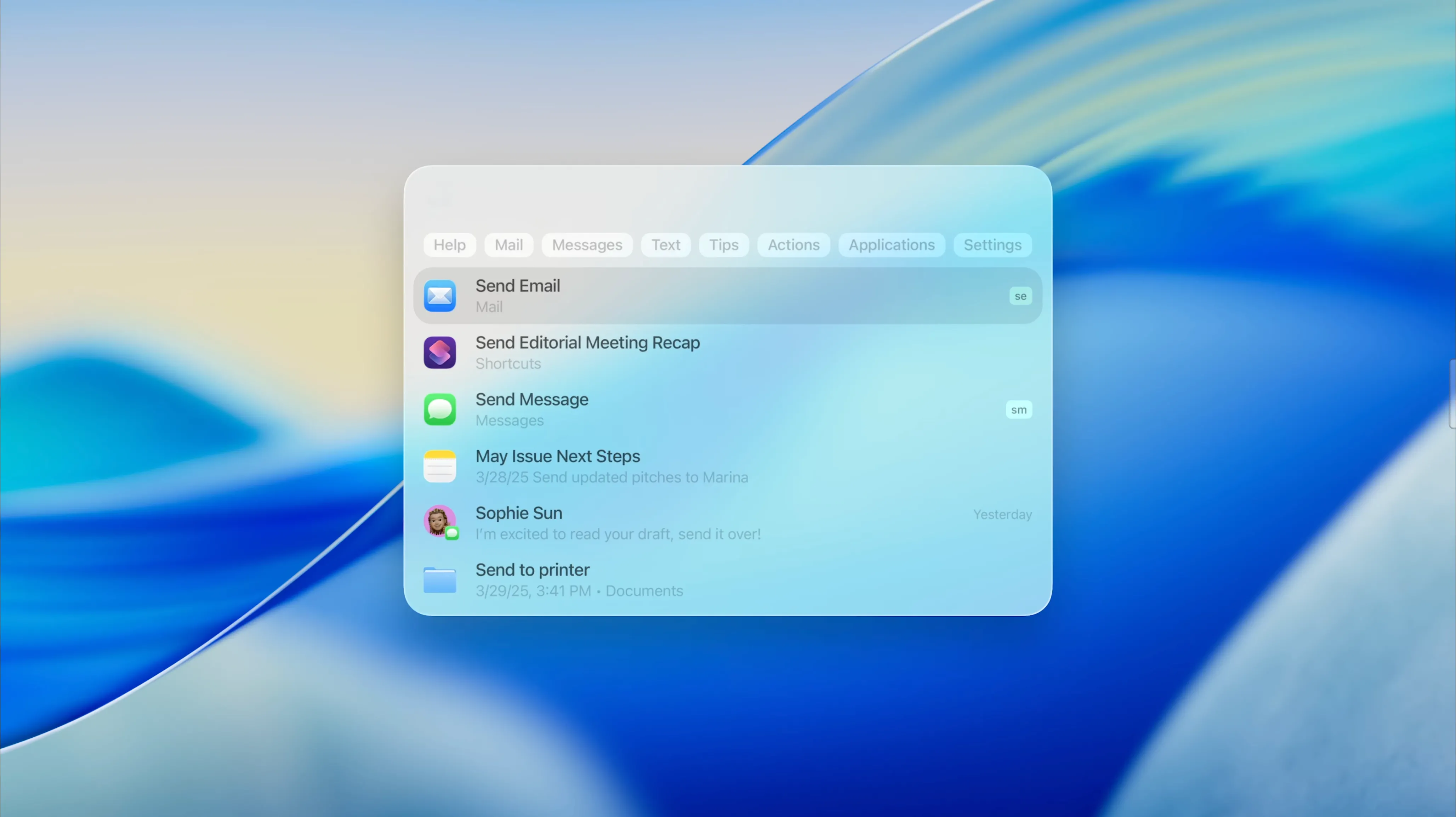 Minh họa cải tiến Spotlight trên macOS 26 Tahoe, cho phép người dùng thực hiện các hành động nhanh và quản lý email trực tiếp từ công cụ tìm kiếm.