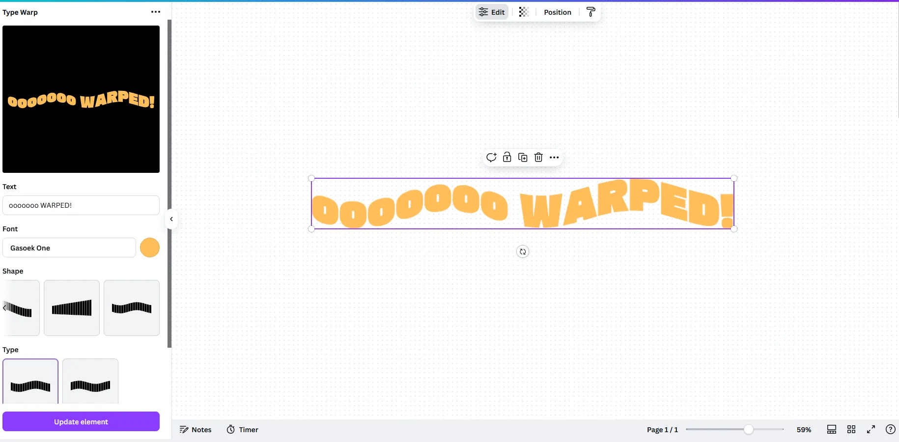 Minh họa khả năng uốn cong và biến dạng chữ của TypeWarp trong Canva