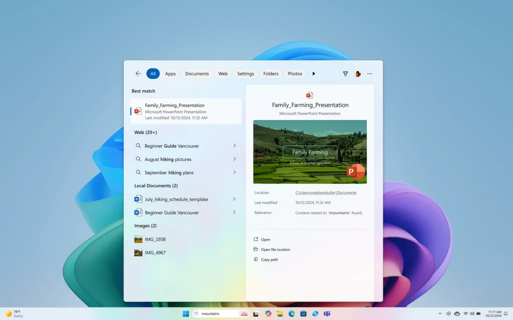 Minh họa tính năng Windows Search được cải tiến, cho phép tìm kiếm bằng ngôn ngữ tự nhiên trong Start Menu