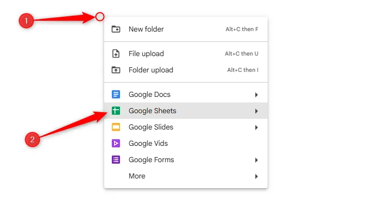 Mở menu chuột phải trong Google Drive và chọn &quot;Google Trang tính&quot; để tạo bảng tính mới