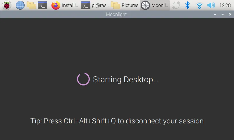 Moonlight đang kết nối thành công với máy chủ Sunshine trên Raspberry Pi.