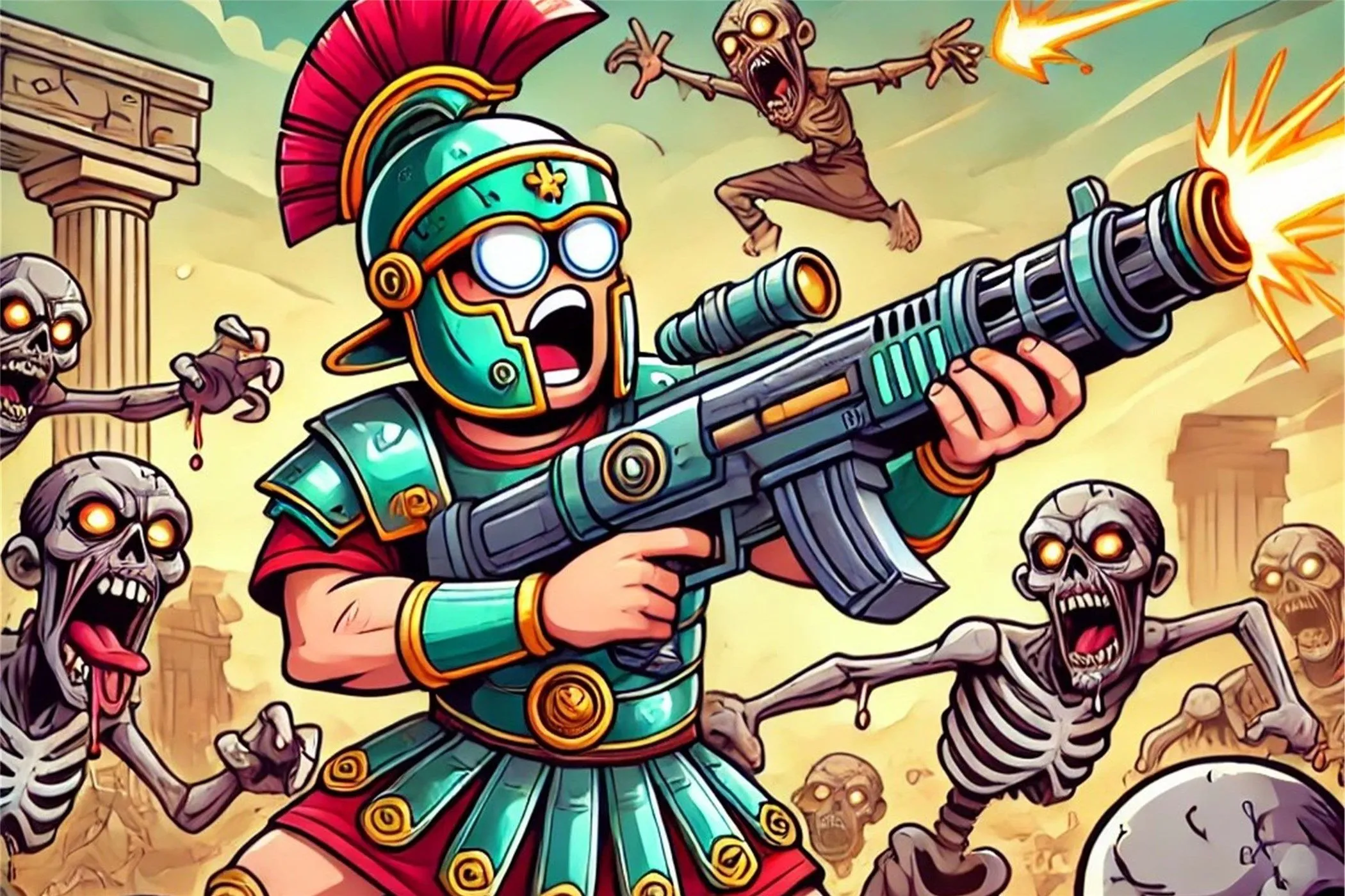 Một binh sĩ La Mã cầm súng máy chiến đấu với xác sống, minh họa quảng cáo game di động không đúng sự thật