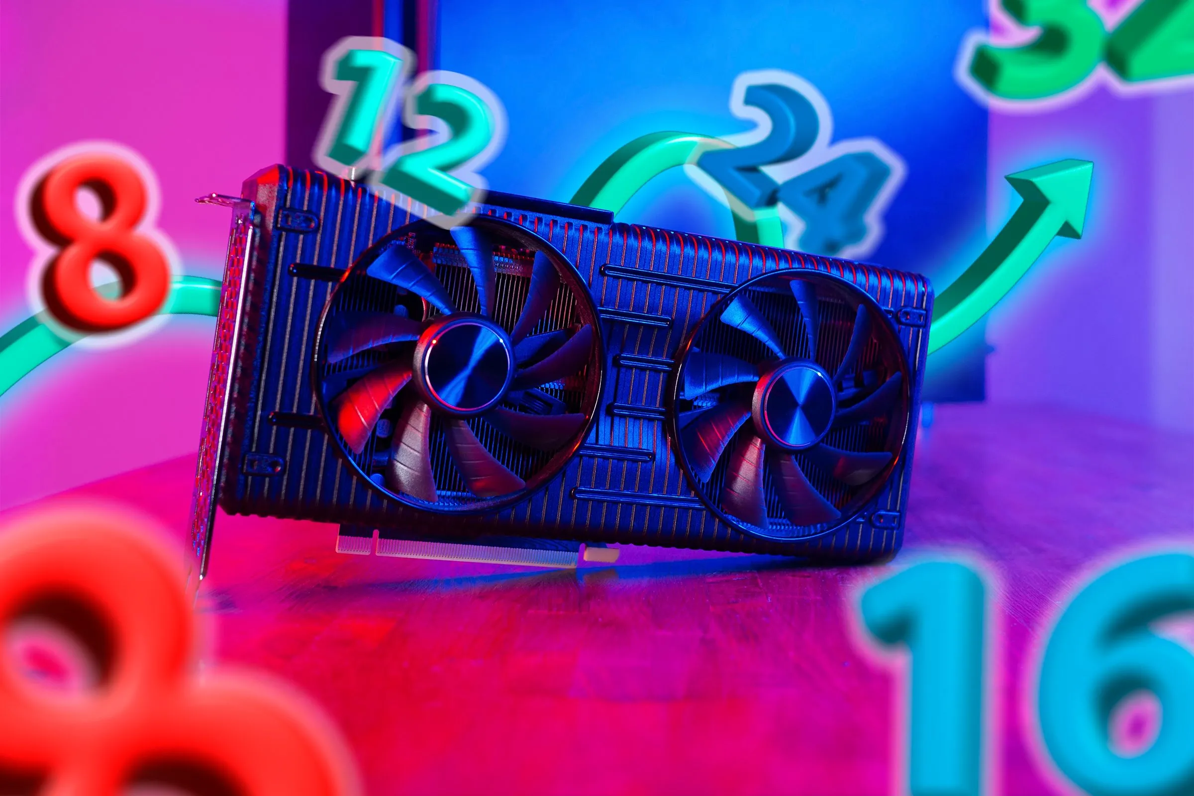 Một card đồ họa với các con số xung quanh, minh họa lỗi thiếu ROPs (render output units) trên một số mẫu GPU RTX 50 series, ảnh hưởng đến hiệu năng.