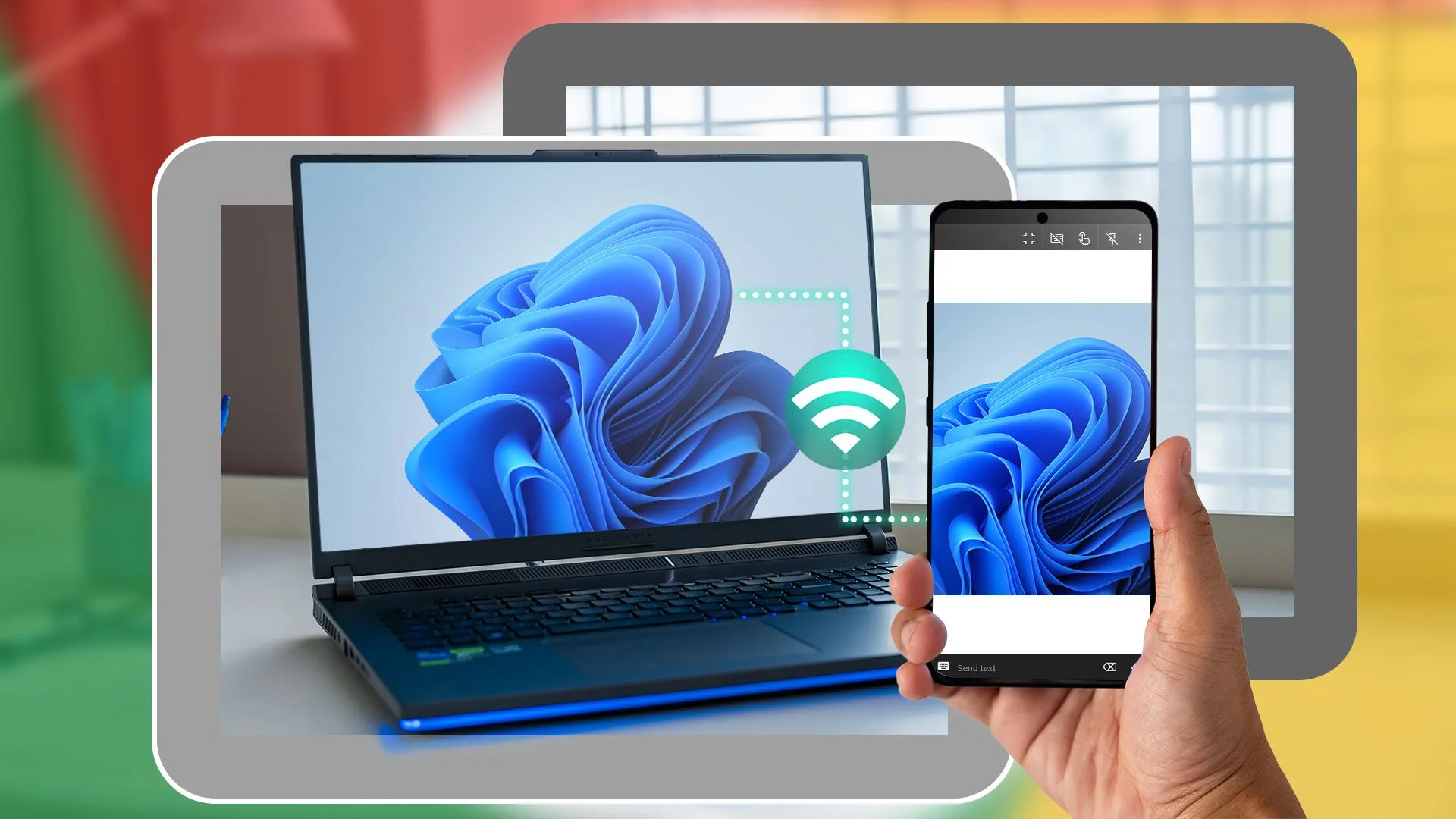 Một chiếc laptop chạy Windows 11 và bàn tay đang cầm điện thoại thông minh để truy cập hoặc điều khiển máy tính từ xa.
