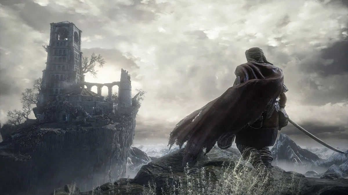 Một chiến binh giáp trụ đầy đủ đối mặt với quái vật trong Dark Souls III.