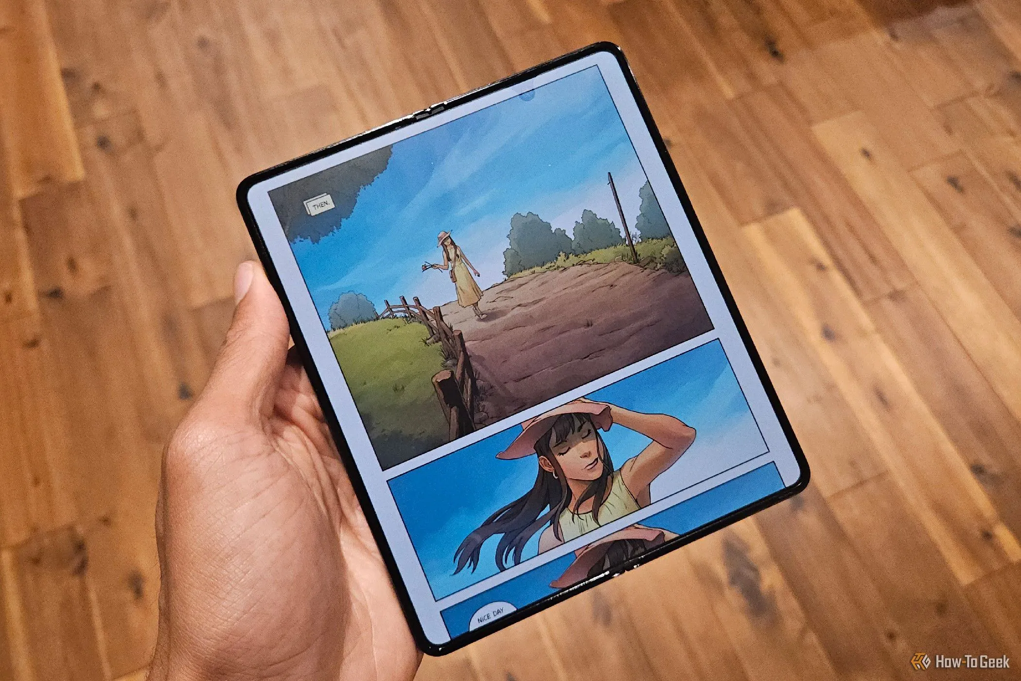 Một cuốn tiểu thuyết đồ họa trên Samsung Galaxy Z Fold 5.