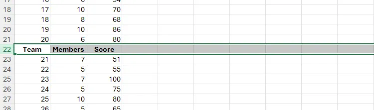 Một hàng tiêu đề được sao chép và chèn vào dòng 22 trong Excel
