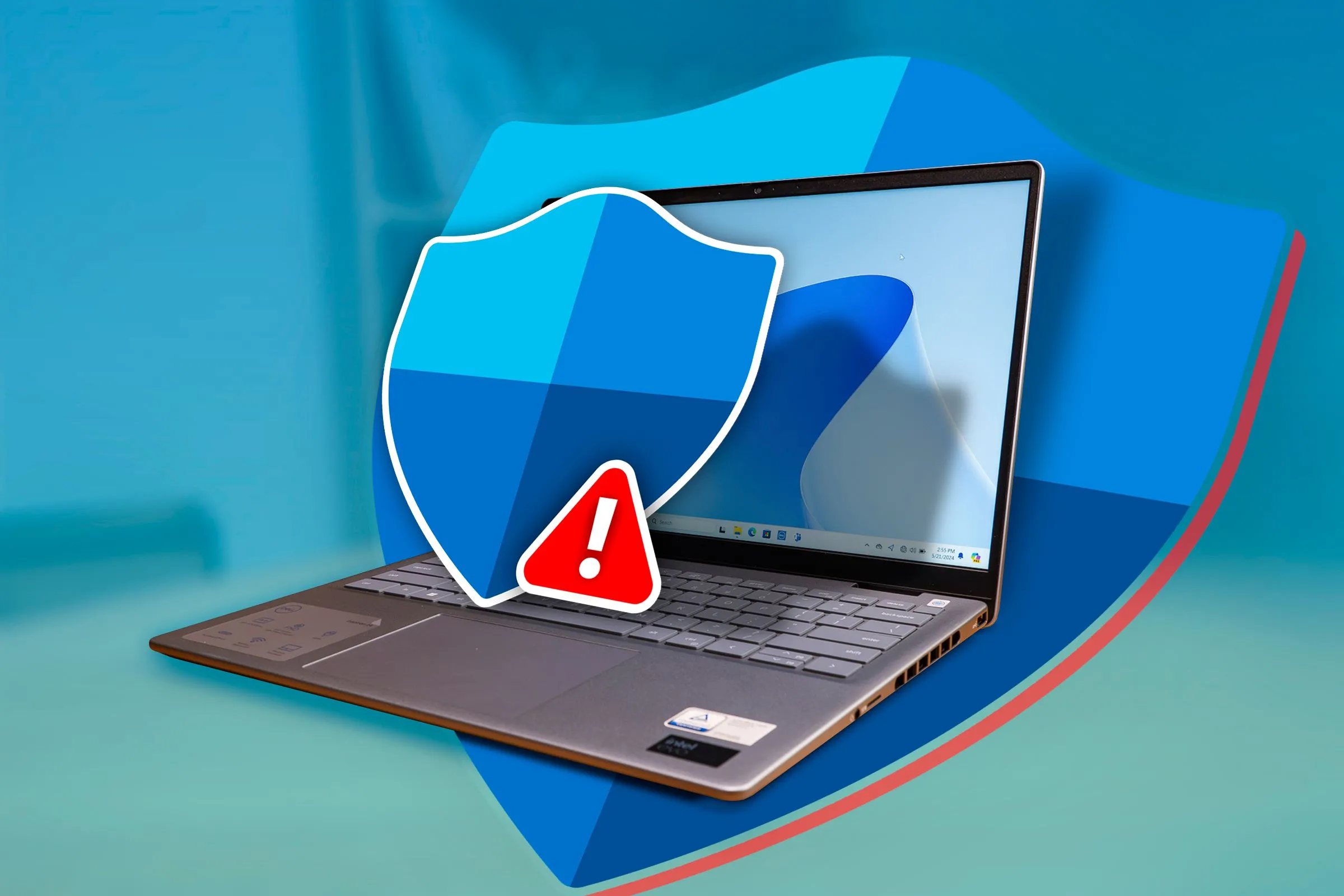 Một laptop với logo Windows Defender và các lớp bảo vệ kỹ thuật số.