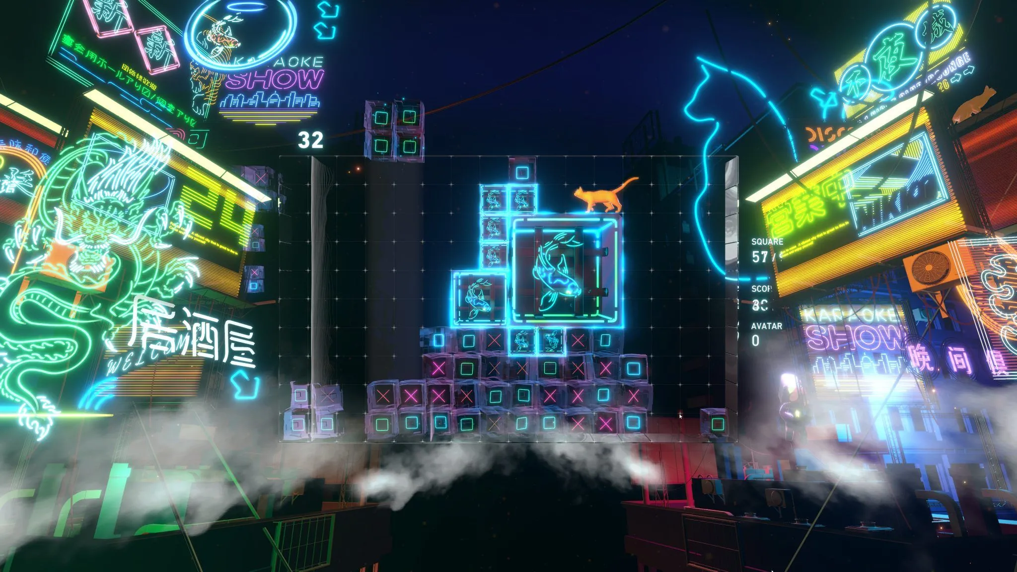 Một màn chơi trong Lumines Arise với thành phố Trung Quốc hiện đại và ánh đèn neon rực rỡ, kèm theo hình ảnh một chú mèo.
