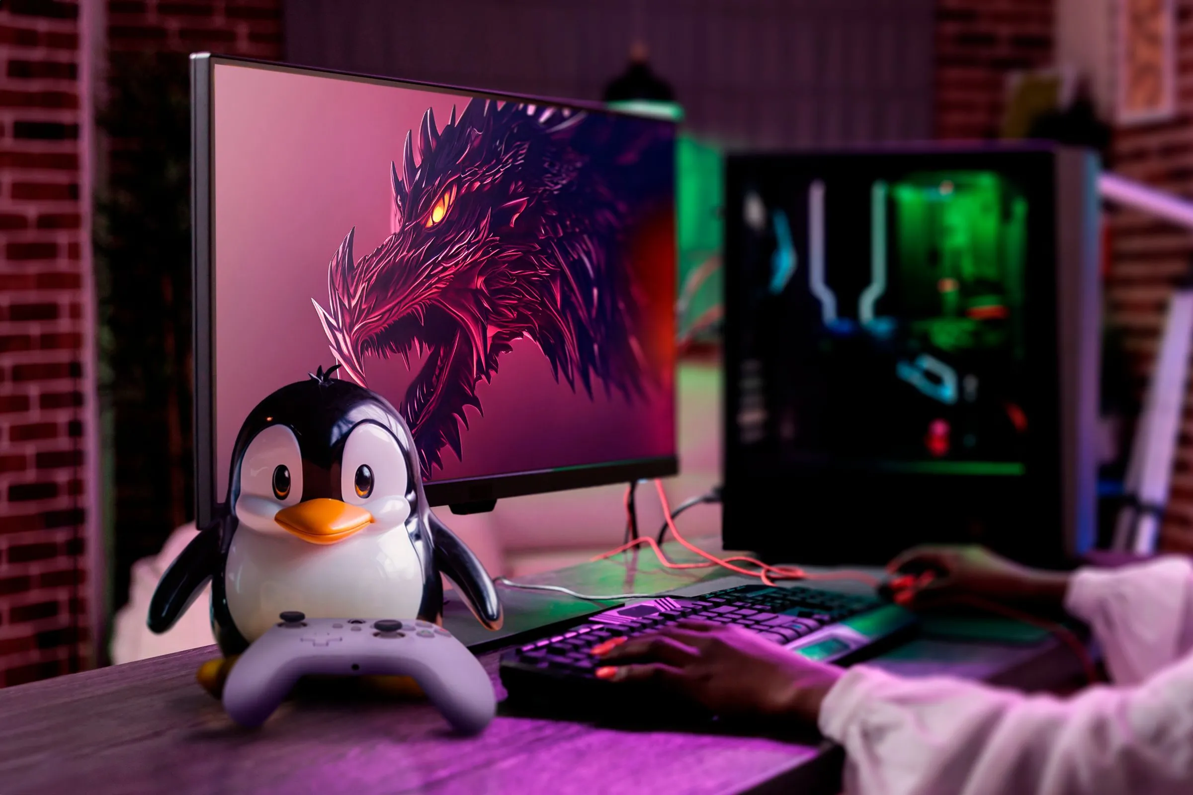 Một máy tính chơi game hiển thị hệ điều hành Garuda Linux và linh vật Tux, thể hiện tiềm năng của Linux trong lĩnh vực giải trí và gaming.