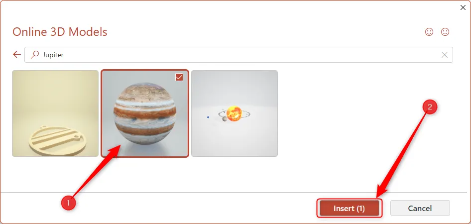 Một mô hình 3D của sao Mộc được chọn trong thư viện mô hình 3D của Microsoft PowerPoint, với nút &quot;Insert&quot; được tô sáng, sẵn sàng được chèn vào slide.