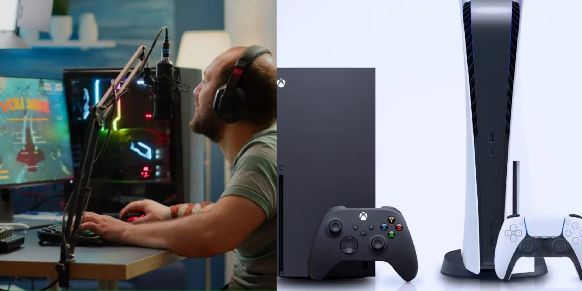 Một người chơi game trên PC và hình ảnh Xbox Series X cùng PlayStation 5, tượng trưng cho sự khác biệt trong trải nghiệm mod game giữa PC và console.