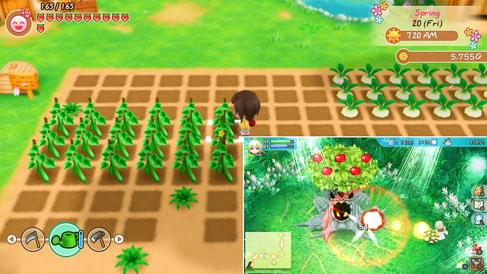 Một người chơi Harvest Moon đang chăm sóc mùa màng, cùng hình ảnh so sánh một người chơi Rune Factory đang tấn công cây cối ở góc nhỏ, minh họa sự khác biệt trong lối chơi.