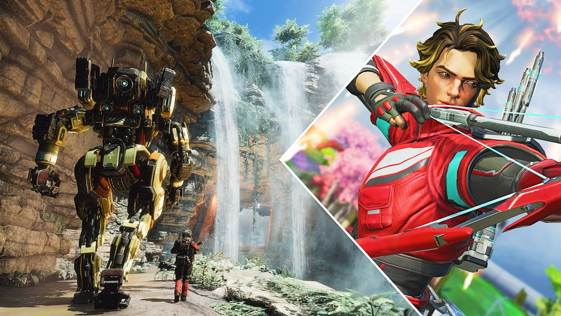 Một người lính và Titan đang đi trên đường trong Titanfall 2, bên cạnh một nhân vật đang dùng cung từ Apex Legends, biểu thị sự liên kết giữa hai game bắn súng này.