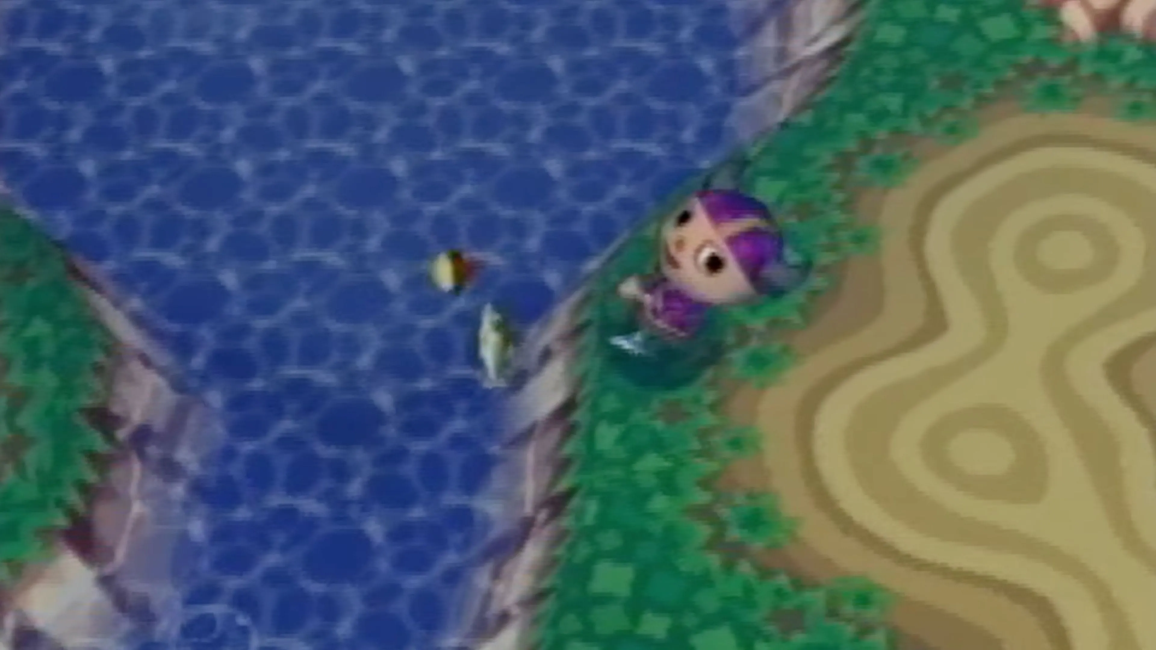 Một nhân vật đang câu cá trong Animal Crossing bản GameCube.