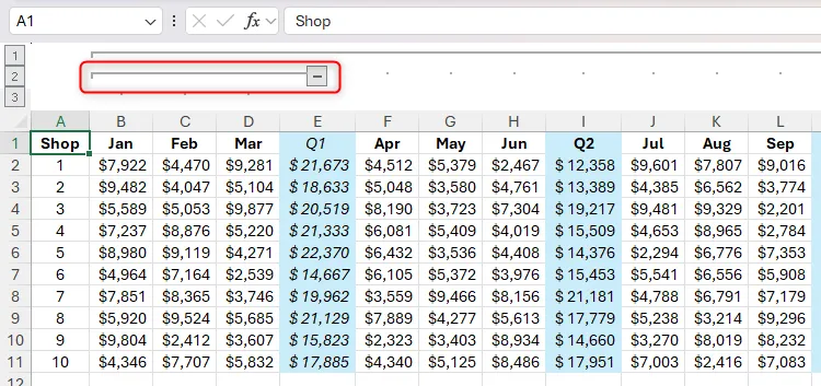 Một nhóm con các cột trong Excel, hiển thị đường chỉ báo nhóm và dấu trừ sau khi nhóm thành công.