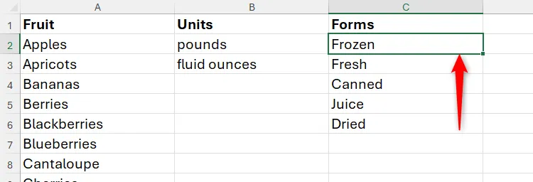 Một ô được chọn ở đầu một cột văn bản trong Excel