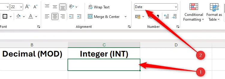 Một ô trong Excel được chọn và định dạng số Short Date được chọn trong nhóm Number.
