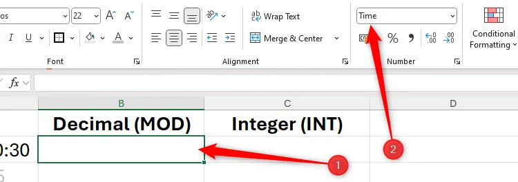 Một ô trong Excel được chọn và định dạng số Time được chọn trong nhóm Number.