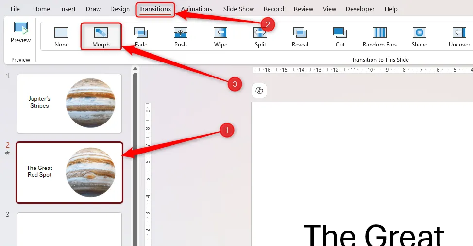Một slide được chọn trong ngăn hình thu nhỏ của PowerPoint, và nút &quot;Morph&quot; trong tab &quot;Transitions&quot; được chọn, hoàn tất quá trình tạo hiệu ứng chuyển động 3D.