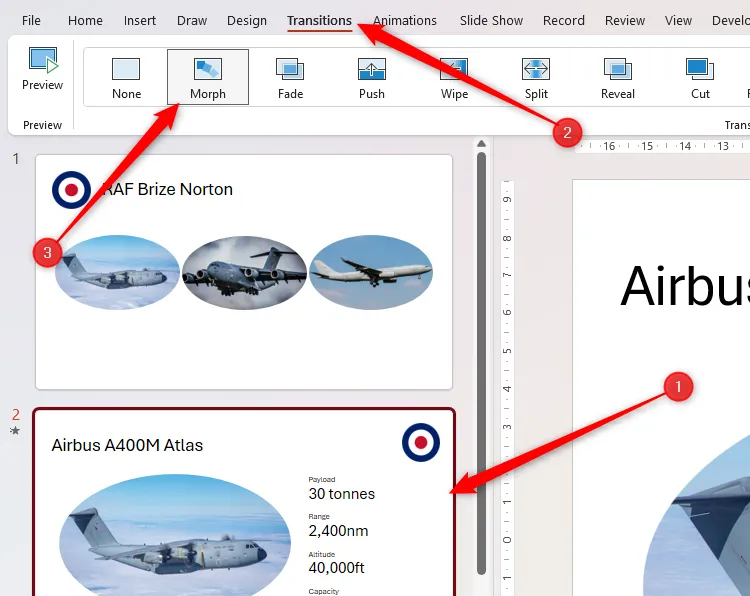 Một slide được chọn trong PowerPoint và hiệu ứng chuyển tiếp Morph được kích hoạt, sẵn sàng biến đổi các đối tượng giữa các slide.