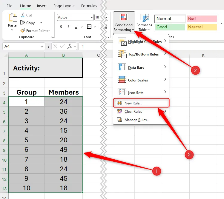 Một số ô trong Excel được chọn và nút New Rule trong menu Conditional Formatting được chọn.