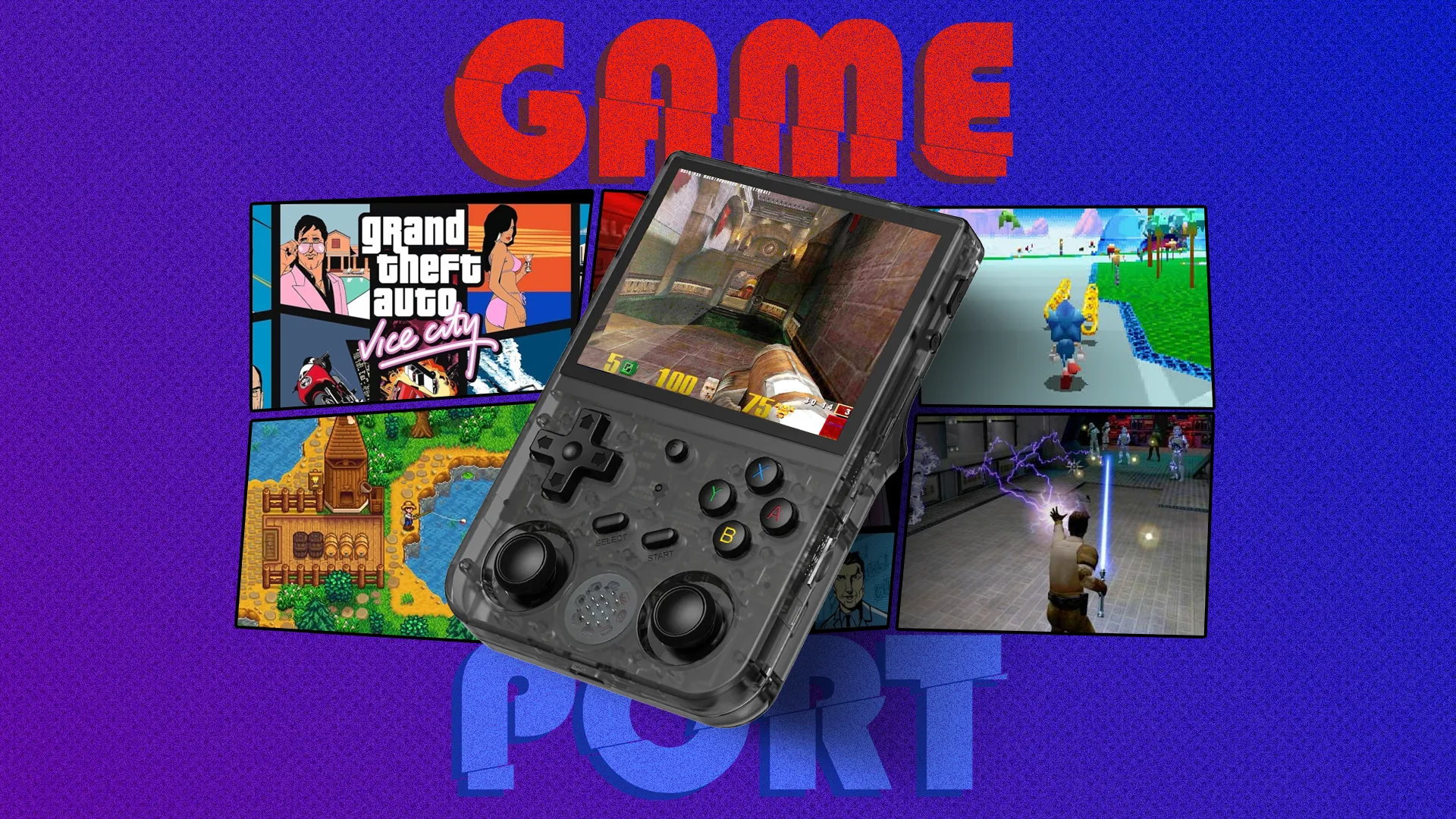 Một thiết bị chơi game cầm tay nhỏ gọn, thể hiện khả năng chạy các tựa game cũ và giả lập trên nền tảng Linux.