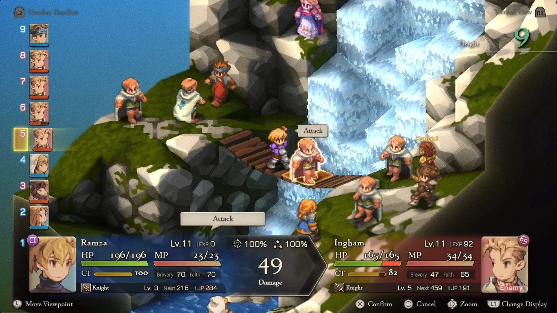 Một trận chiến căng thẳng diễn ra bên thác nước trong bản remaster của Final Fantasy Tactics, tái hiện đồ họa tuyệt đẹp.