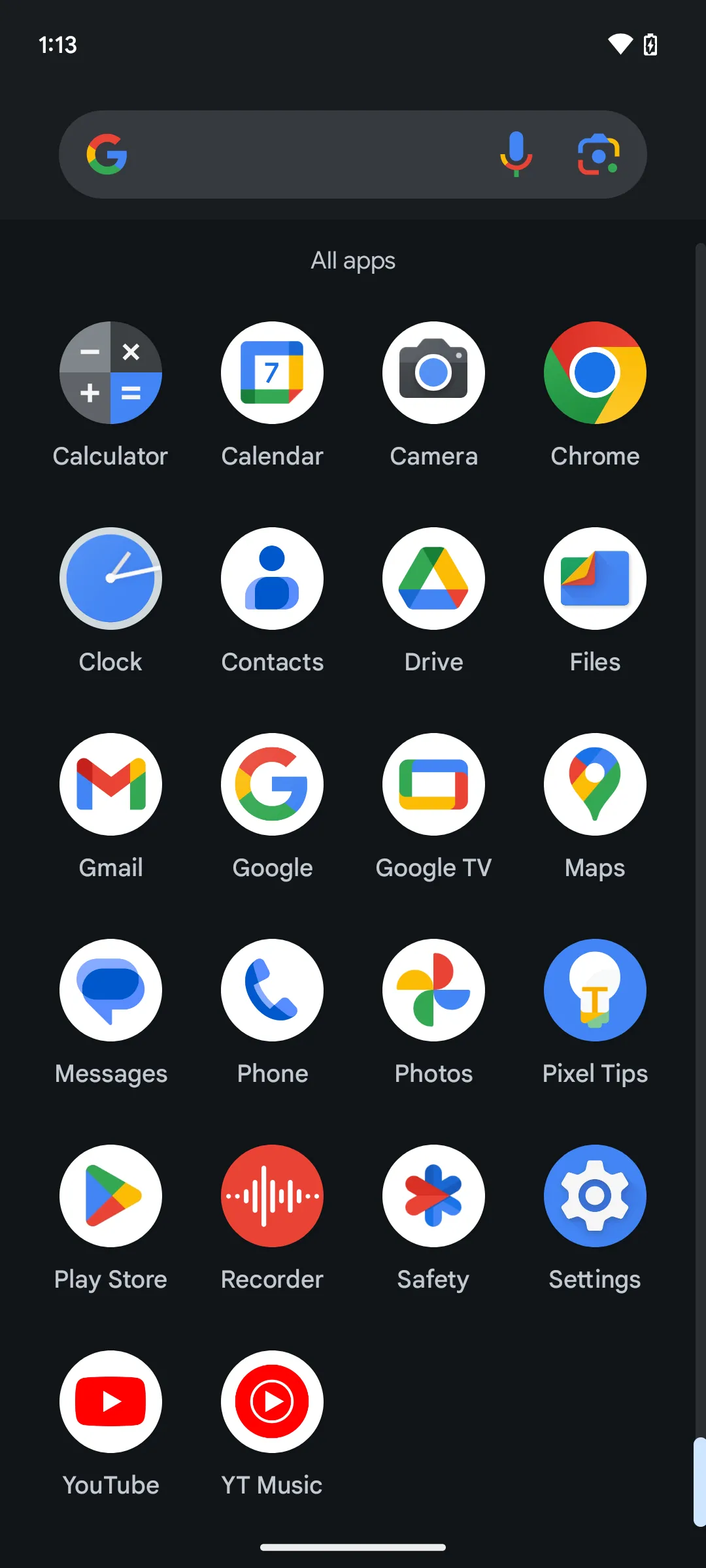 Ngăn kéo ứng dụng trên điện thoại Pixel 7 cho thấy phần lớn là các ứng dụng hệ thống và tiện ích của Google, nhấn mạnh sự phụ thuộc vào hệ sinh thái Google.