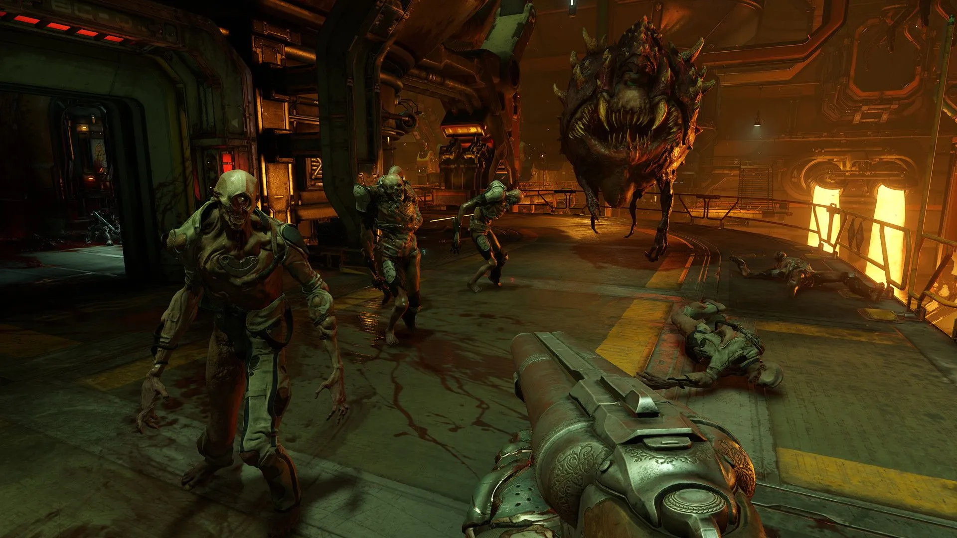 Người chơi Doomguy đối đầu với bầy quỷ dữ trong bối cảnh hành động nghẹt thở của DOOM 2016, thể hiện đồ họa và gameplay mạnh mẽ.