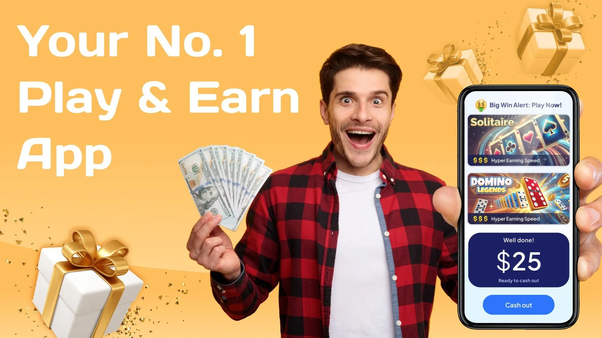Người đàn ông cầm điện thoại với ứng dụng Bestplay hiển thị phần thưởng 25 đô la