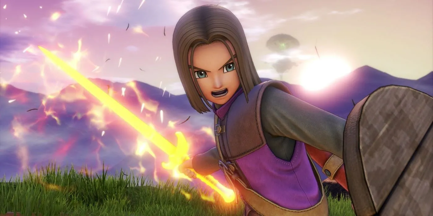 Người hùng Luminary từ Dragon Quest XI đang vung thanh kiếm lửa trong tư thế tấn công, tượng trưng cho sự thành công toàn cầu của dòng game.