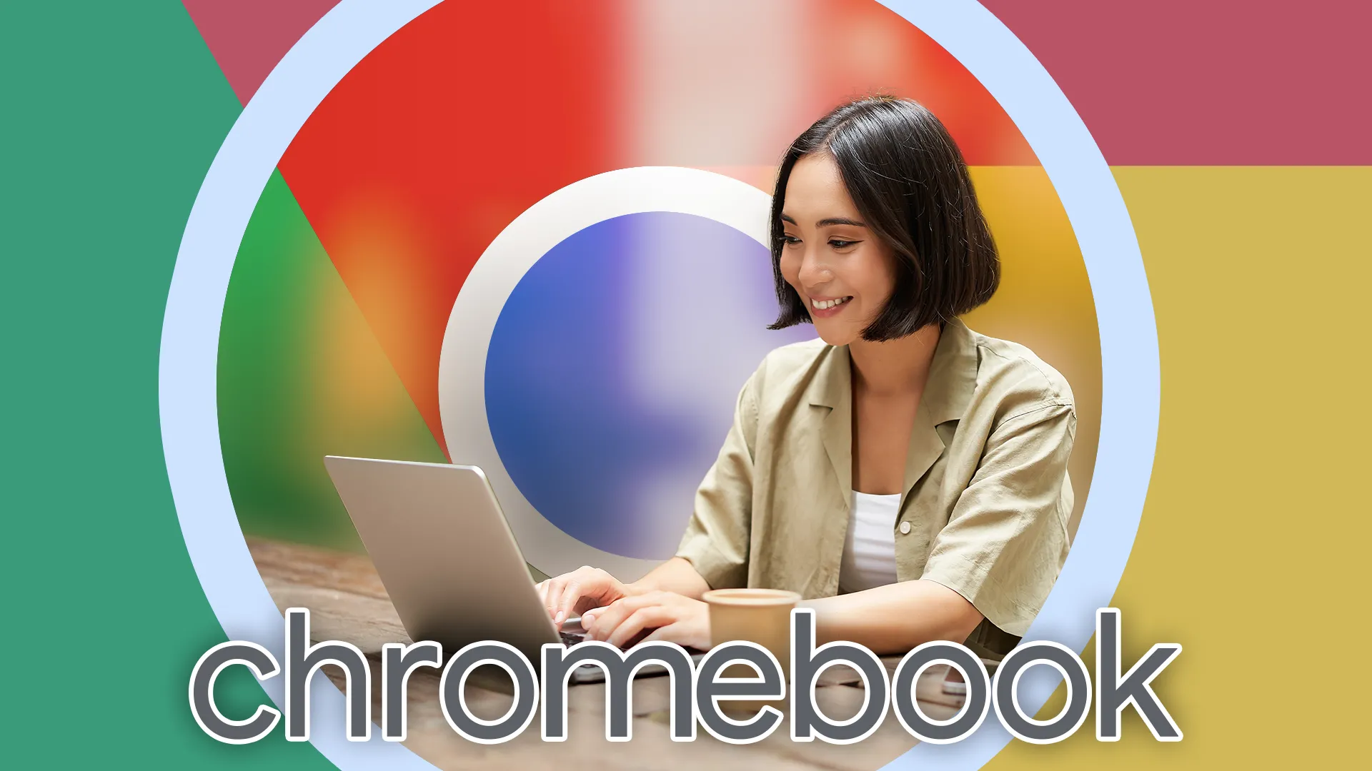 Người phụ nữ làm việc trên laptop trong quán cà phê với logo Chrome, minh họa cho sự phổ biến của Chromebook và các tác vụ dựa trên trình duyệt.
