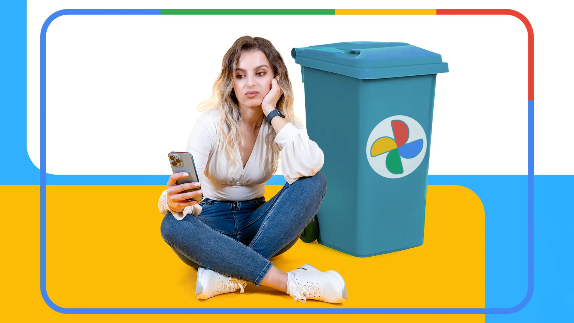 Người phụ nữ thất vọng đang nhìn vào điện thoại, bên cạnh thùng rác với logo Google Photos, thể hiện sự mệt mỏi khi quản lý ảnh chụp màn hình và dung lượng lưu trữ đám mây.