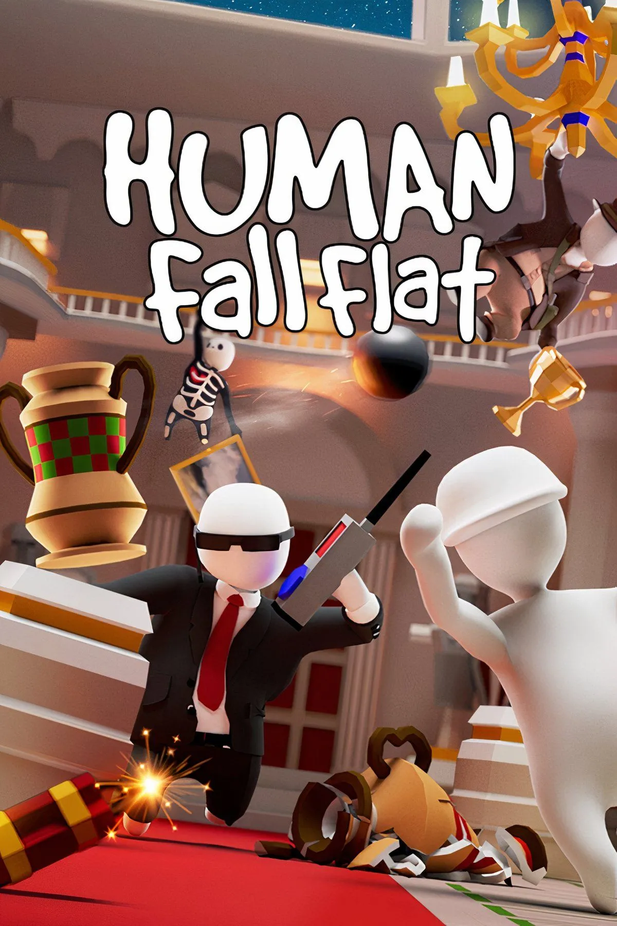 Nhân vật Bob trong Human Fall Flat với tư thế ragdoll đặc trưng, đang cố gắng vượt qua một chướng ngại vật giải đố một cách vụng về và hài hước