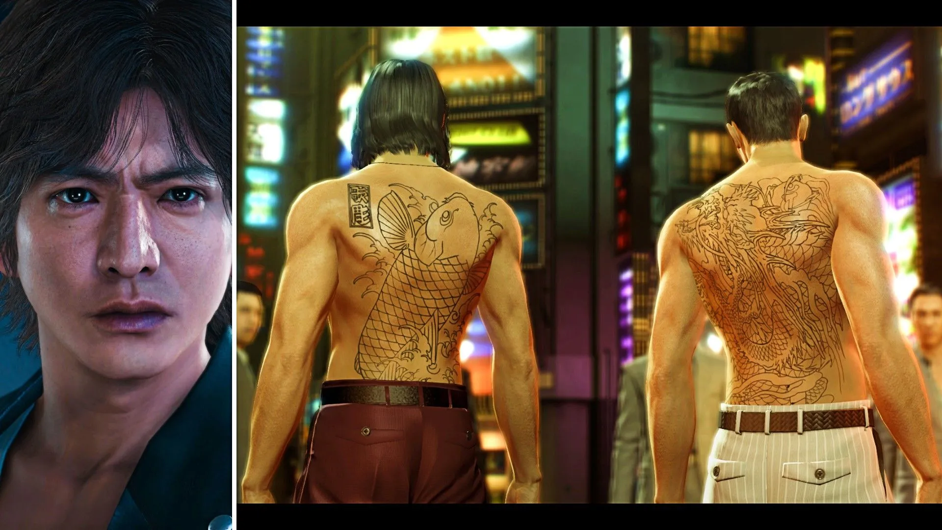 Nhân vật chính từ Judgment đứng cạnh hai nhân vật chủ chốt từ Yakuza 0, cho thấy sự quen thuộc trong bối cảnh và phong cách giữa hai series.