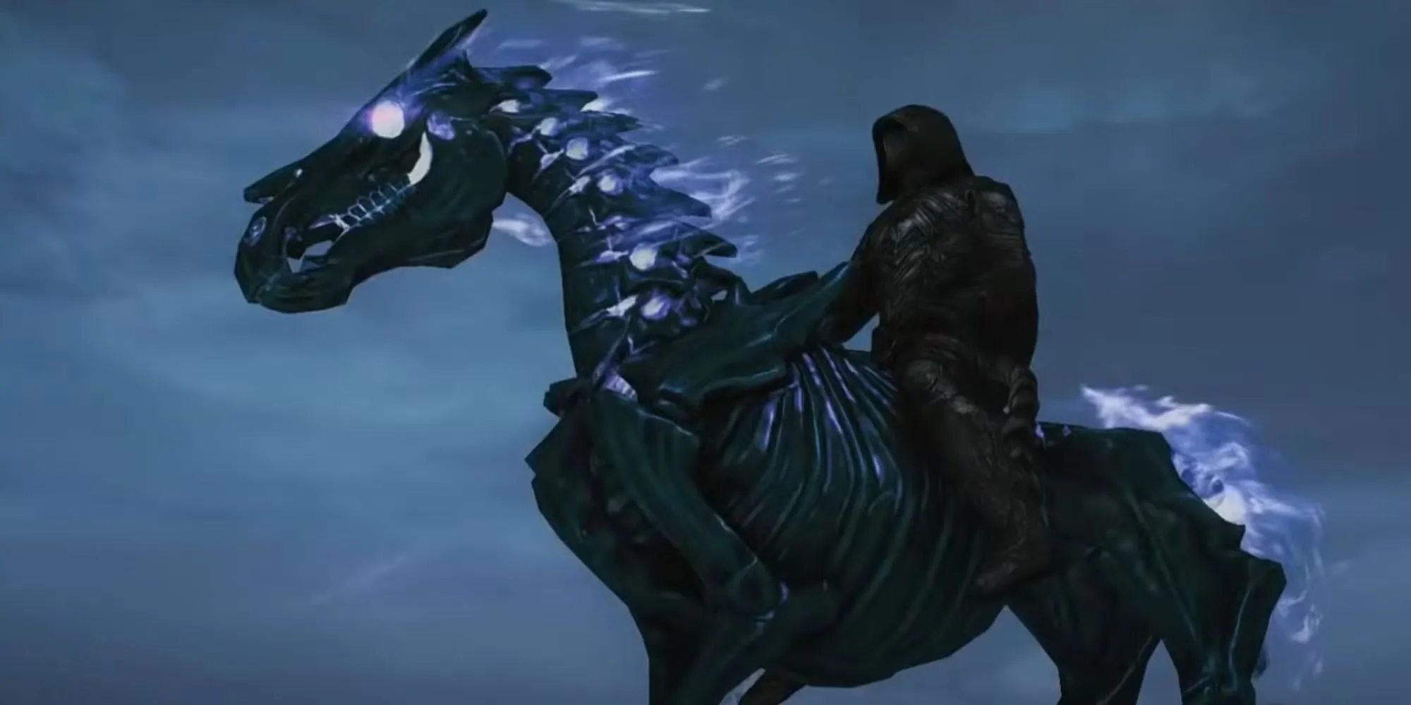 Nhân vật cưỡi Arvak, chú ngựa xương bất tử có thể triệu hồi trong game Skyrim, biểu tượng của sức mạnh huyền bí.