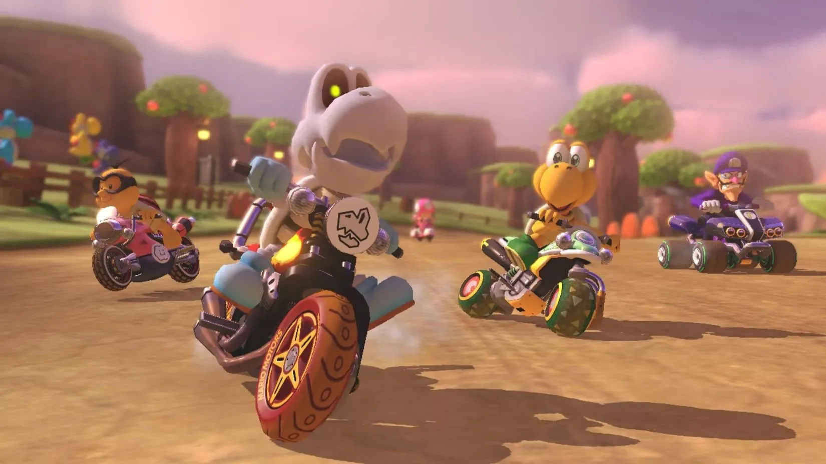 Nhân vật Dry Bones và dàn nhân vật vui nhộn trong game Mario Kart 8 Deluxe, một lựa chọn giải trí để kết nối gia đình và bạn bè trực tuyến.