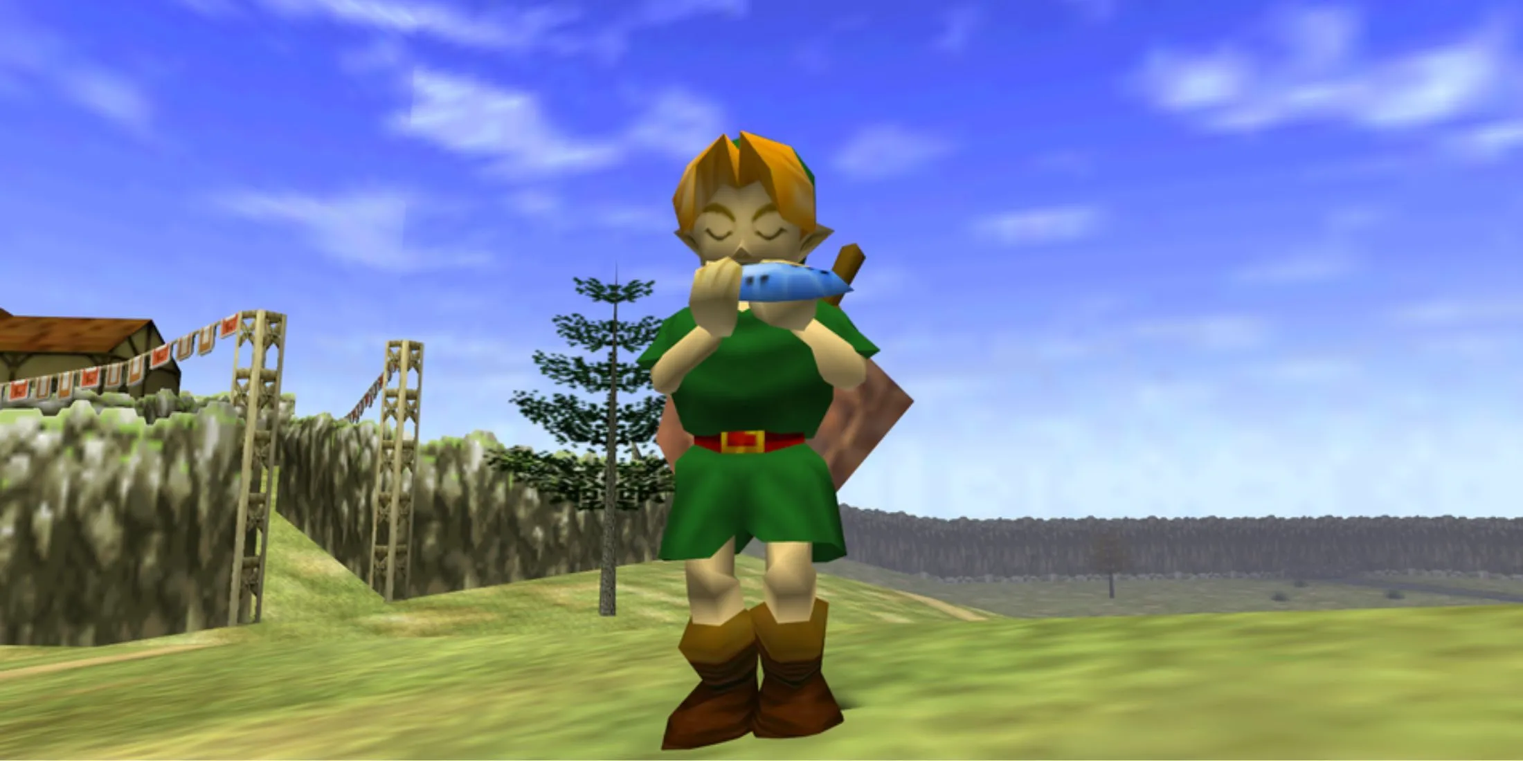 Nhân vật Link đang chơi ocarina trong The Legend of Zelda: Ocarina of Time, thể hiện vai trò quan trọng của âm nhạc trong gameplay của game.