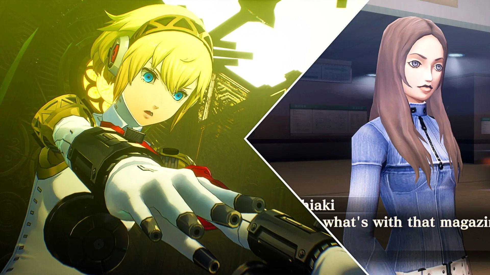 Nhân vật tóc vàng từ Persona 3 Reload đứng cạnh một nhân vật nữ từ Shin Megami Tensei, thể hiện sự đối lập phong cách giữa hai series.