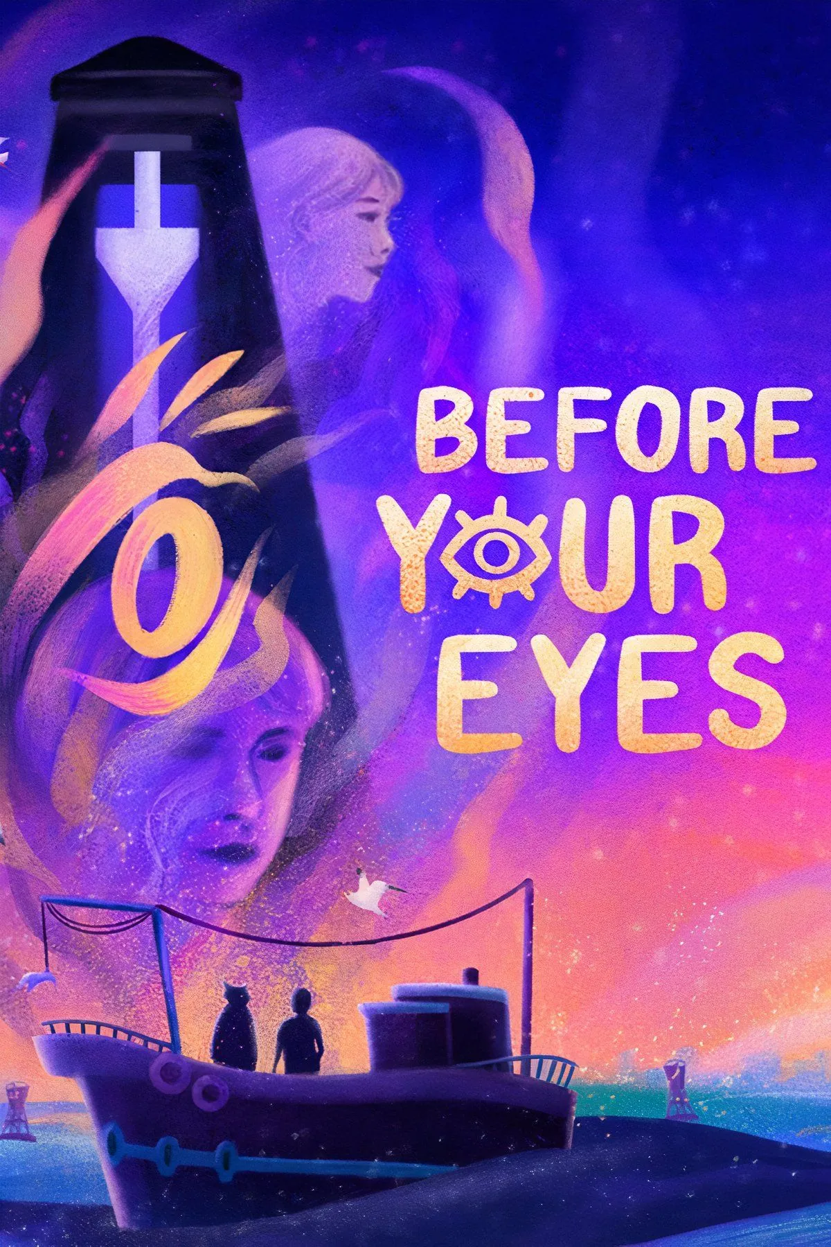 Nhân vật trong game Before Your Eyes với dòng chữ tiếng Anh &quot;Nháy mắt để chuyển tiếp&quot; trên màn hình