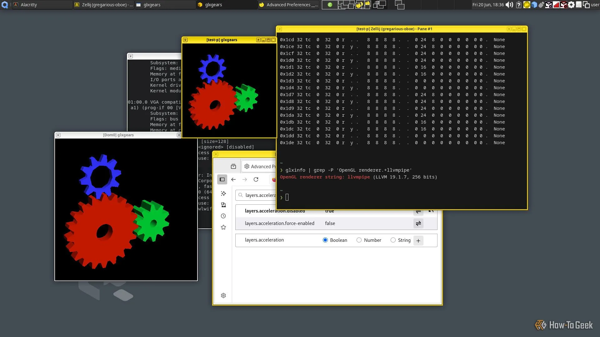 Nhiều cửa sổ liên quan đến đồ họa mở trên desktop Qubes OS, hiển thị glxgears và thông tin đồ họa, thể hiện hạn chế hỗ trợ GPU của Qubes OS