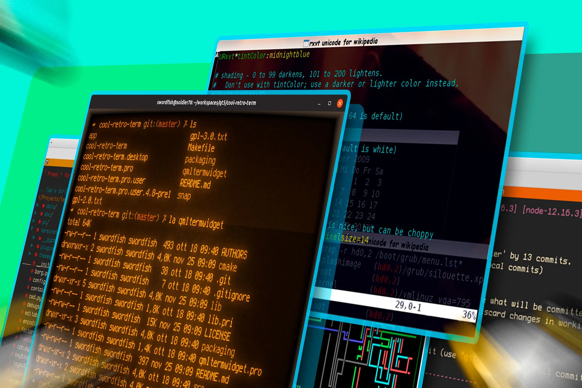 Nhiều cửa sổ terminal Linux hiển thị các lệnh, minh họa việc sử dụng công cụ cURL