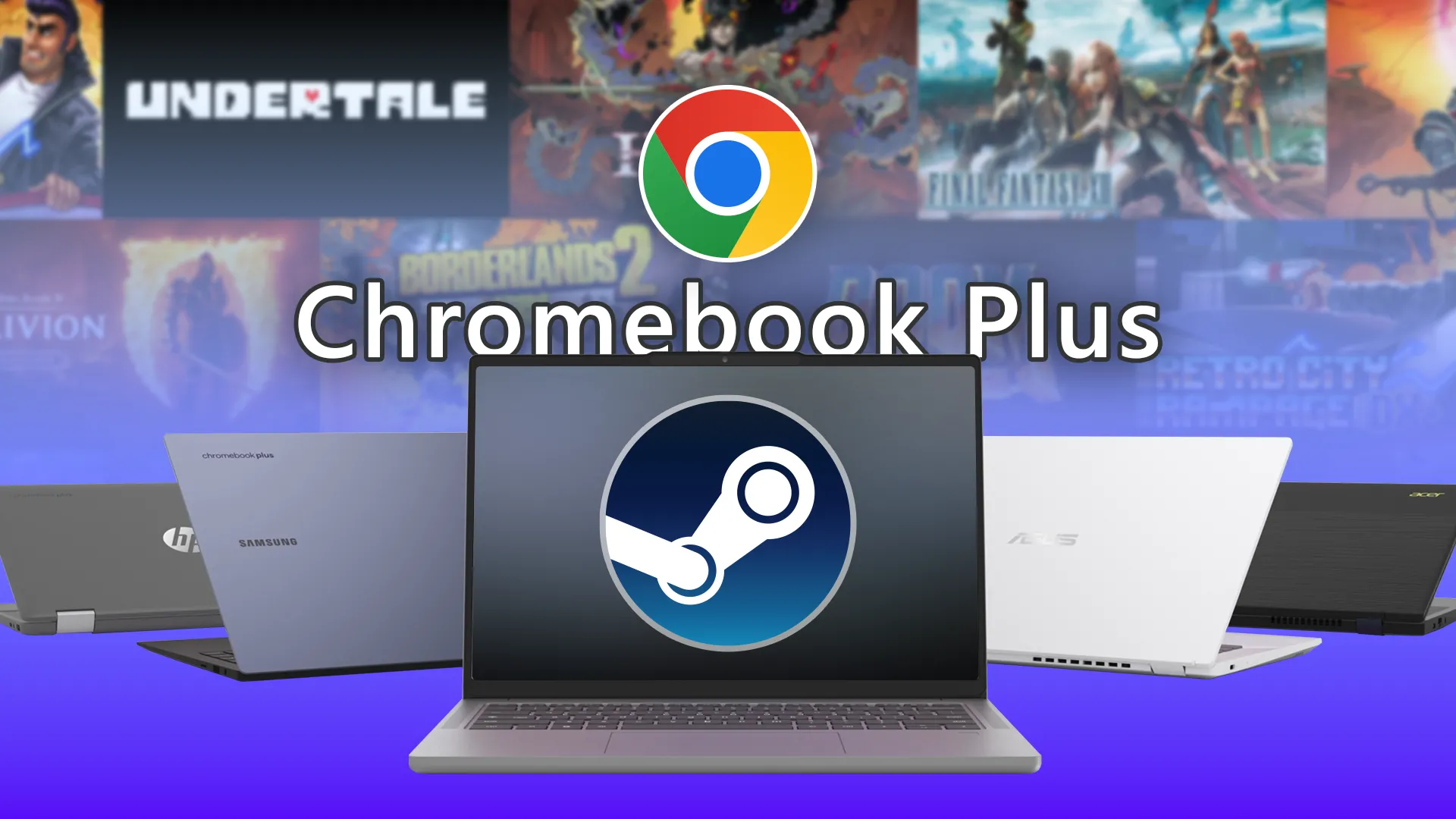 Nhiều laptop Chromebook Plus với logo Steam ở giữa màn hình, bên dưới logo Chrome và chữ Chromebook Plus.