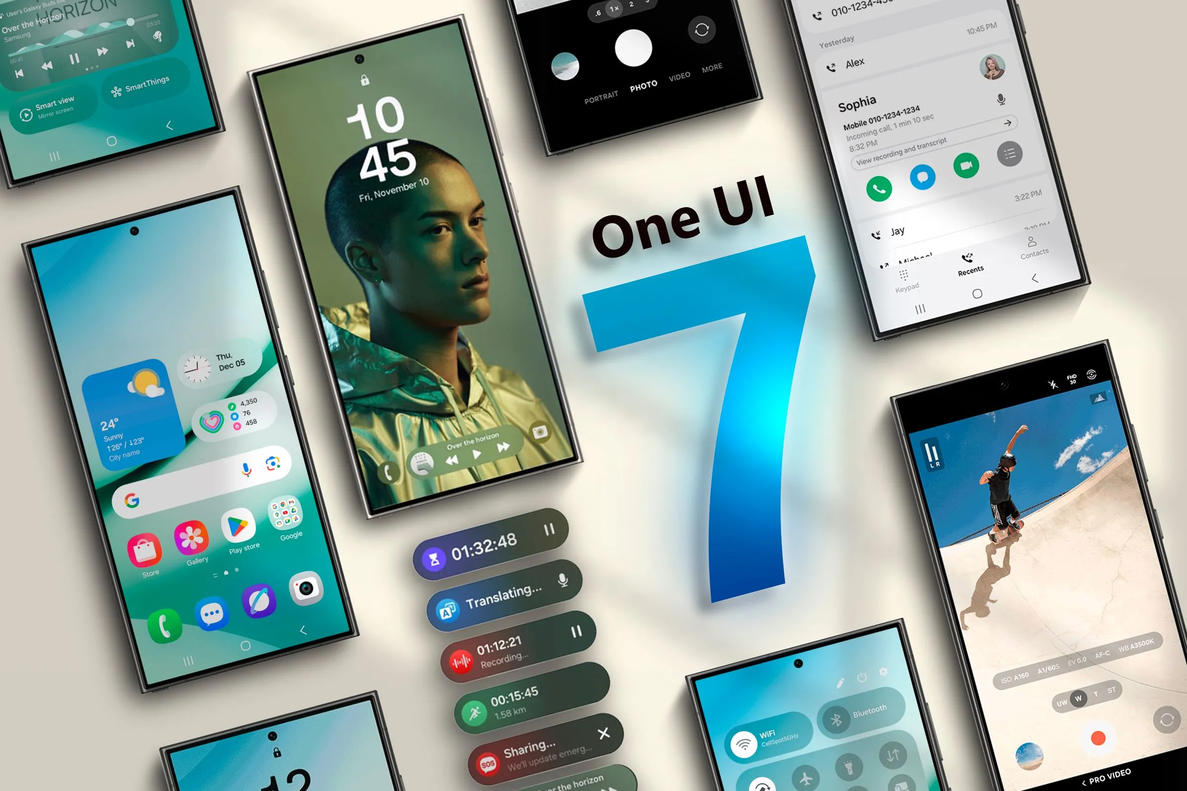 Nhiều thiết bị Galaxy S24 hiển thị giao diện One UI 7 với tùy chỉnh màn hình khóa đa dạng