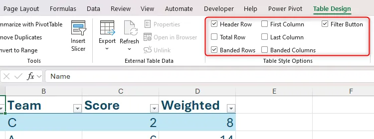 Nhóm Table Style Options trong tab Table Design trên thanh Ribbon của Excel được tô sáng