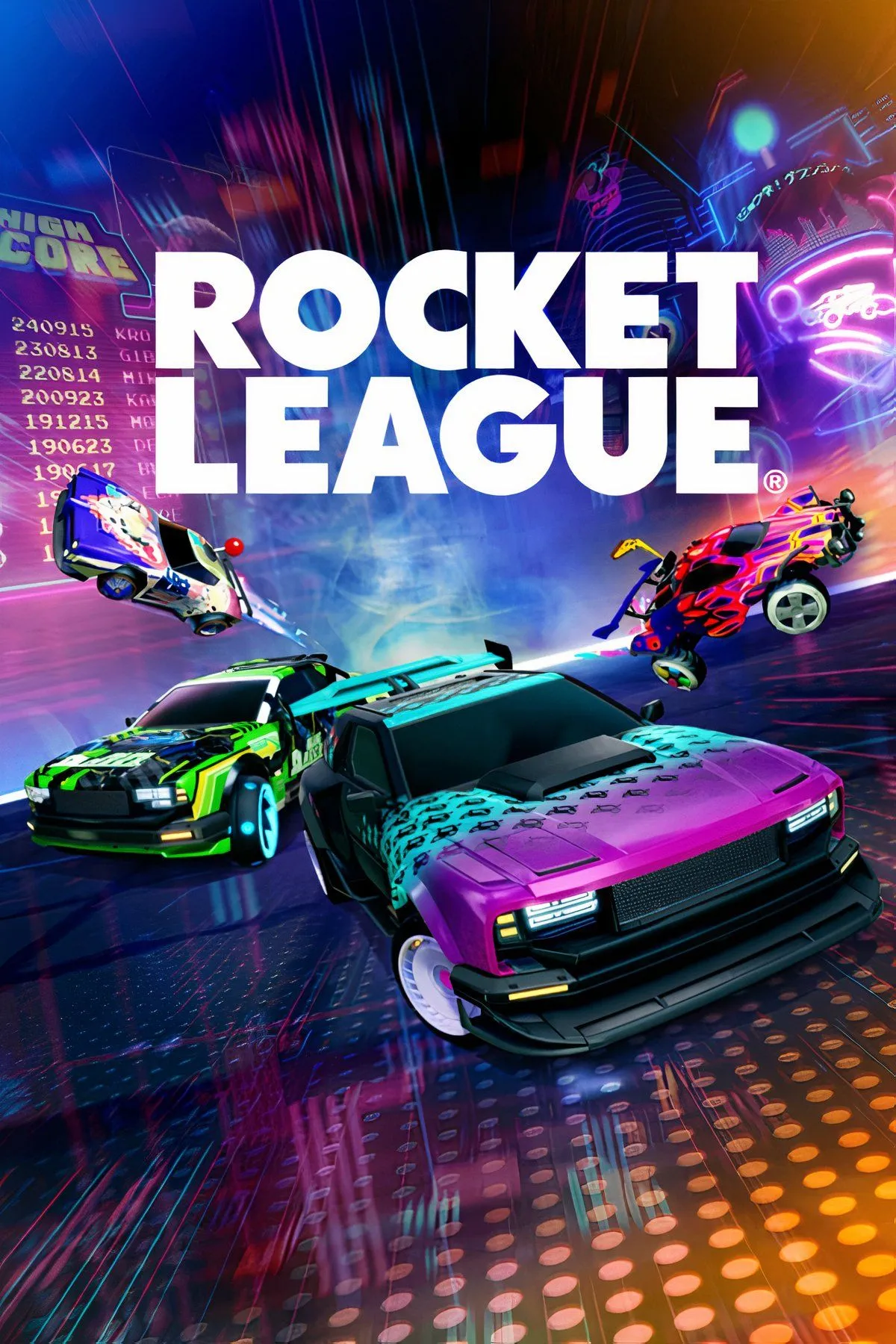 Những chiếc xe đua đang thực hiện pha bóng đá trên không trong Rocket League đầy kịch tính